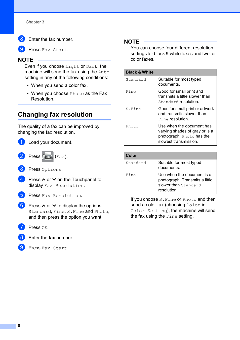 Changing fax resolution | Brother MFC-J285DW User Manual | Page 12 / 54