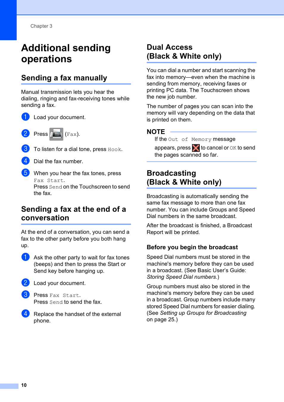 Additional sending operations, Sending a fax manually, Sending a fax at the end of a conversation | Dual access (black & white only), Broadcasting (black & white only), Before you begin the broadcast | Brother MFC-J285DW User Manual | Page 14 / 54