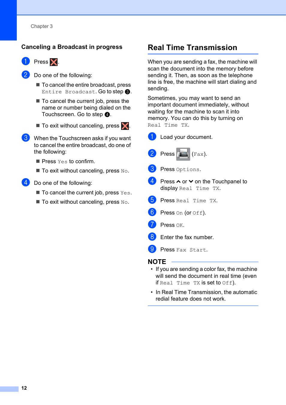 Canceling a broadcast in progress, Real time transmission | Brother MFC-J285DW User Manual | Page 16 / 54