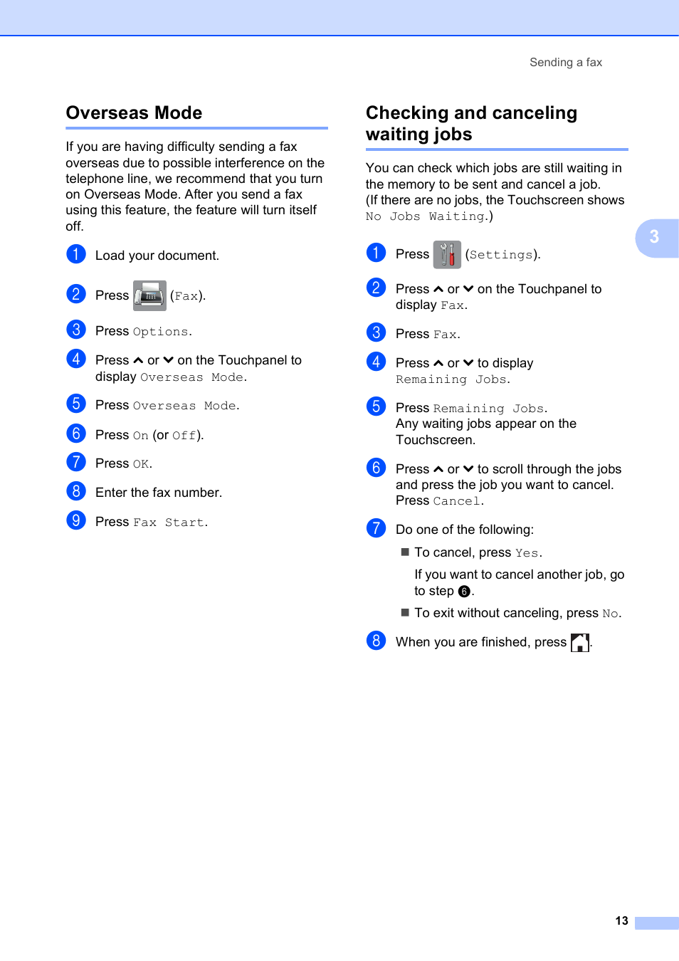 Overseas mode, Checking and canceling waiting jobs, Overseas mode checking and canceling waiting jobs | Brother MFC-J285DW User Manual | Page 17 / 54