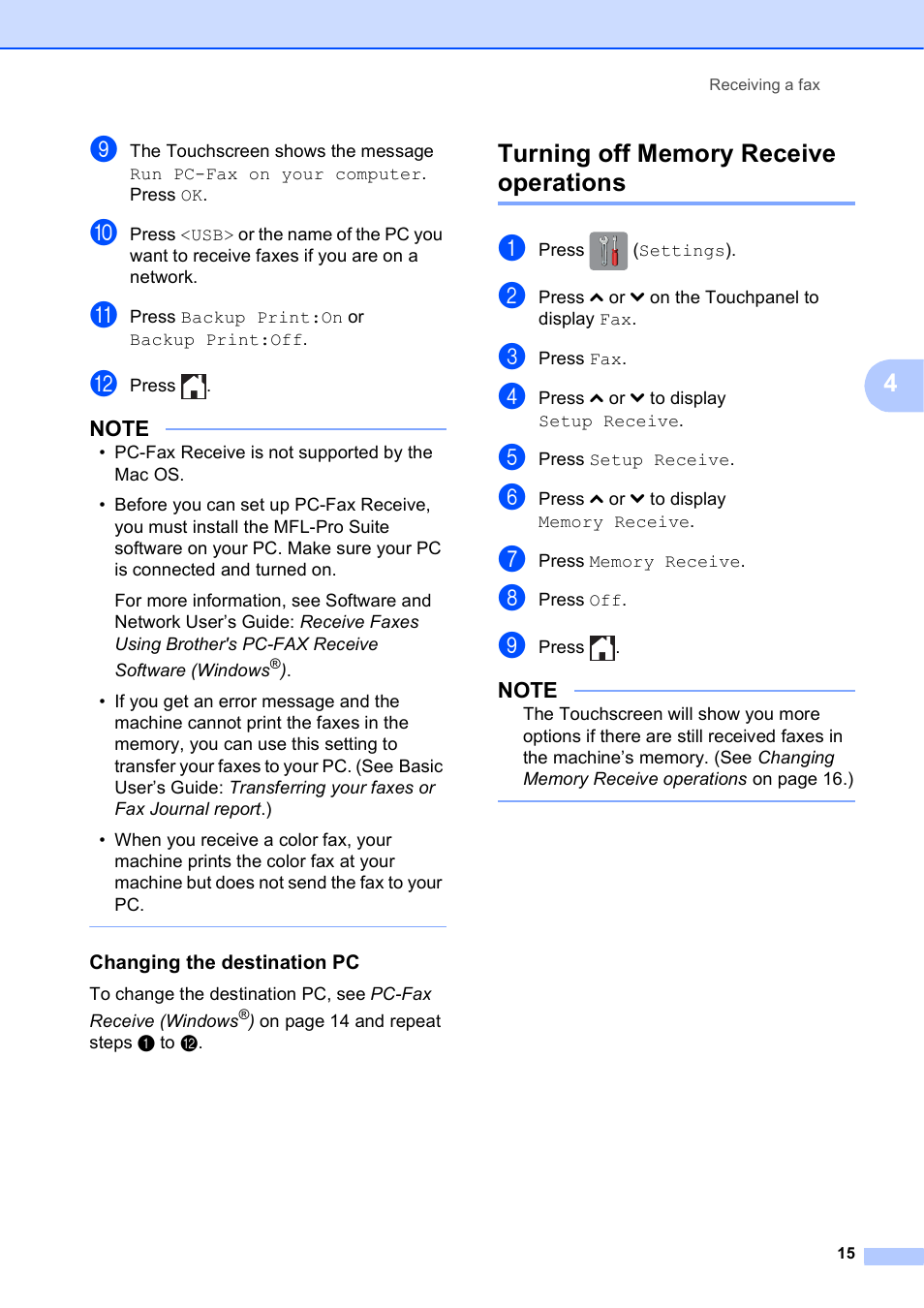 Changing the destination pc, Turning off memory receive operations | Brother MFC-J285DW User Manual | Page 19 / 54