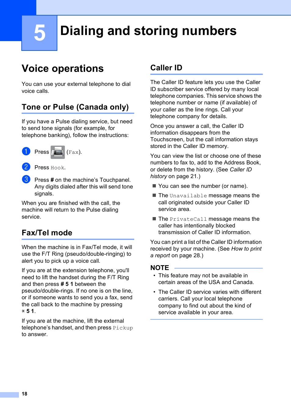 5 dialing and storing numbers, Voice operations, Tone or pulse (canada only) | Fax/tel mode, Caller id, Dialing and storing numbers, Tone or pulse (canada only) fax/tel mode caller id | Brother MFC-J285DW User Manual | Page 22 / 54