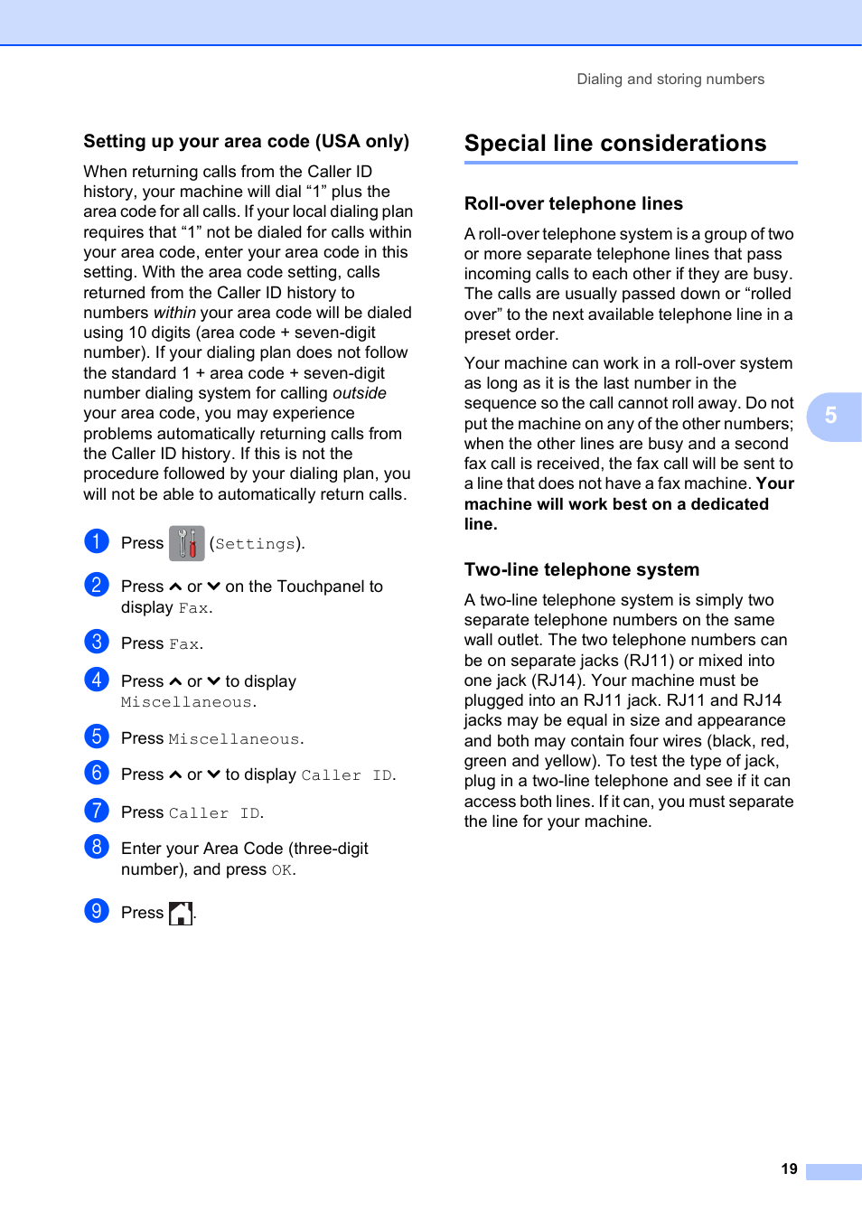 Setting up your area code (usa only), Special line considerations, Roll-over telephone lines | Two-line telephone system | Brother MFC-J285DW User Manual | Page 23 / 54