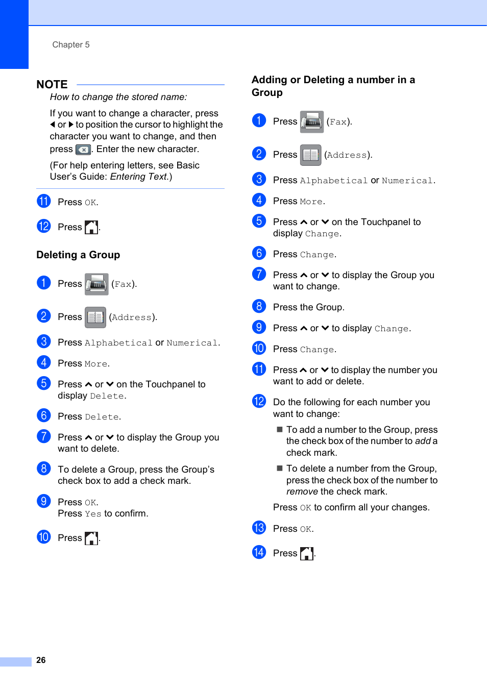 Deleting a group, Adding or deleting a number in a group | Brother MFC-J285DW User Manual | Page 30 / 54