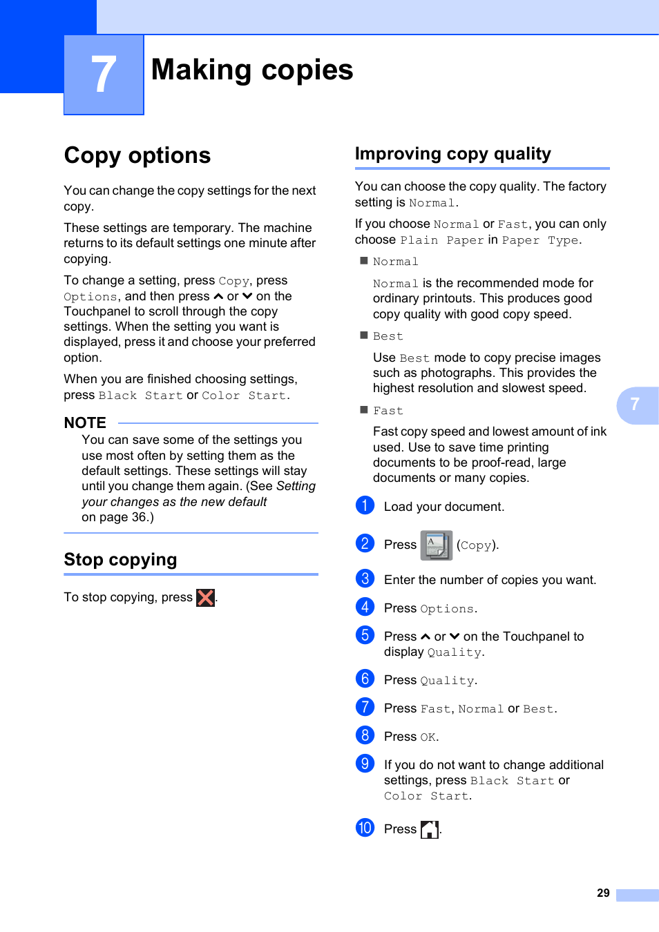 7 making copies, Copy options, Stop copying | Improving copy quality, Making copies, Stop copying improving copy quality | Brother MFC-J285DW User Manual | Page 33 / 54