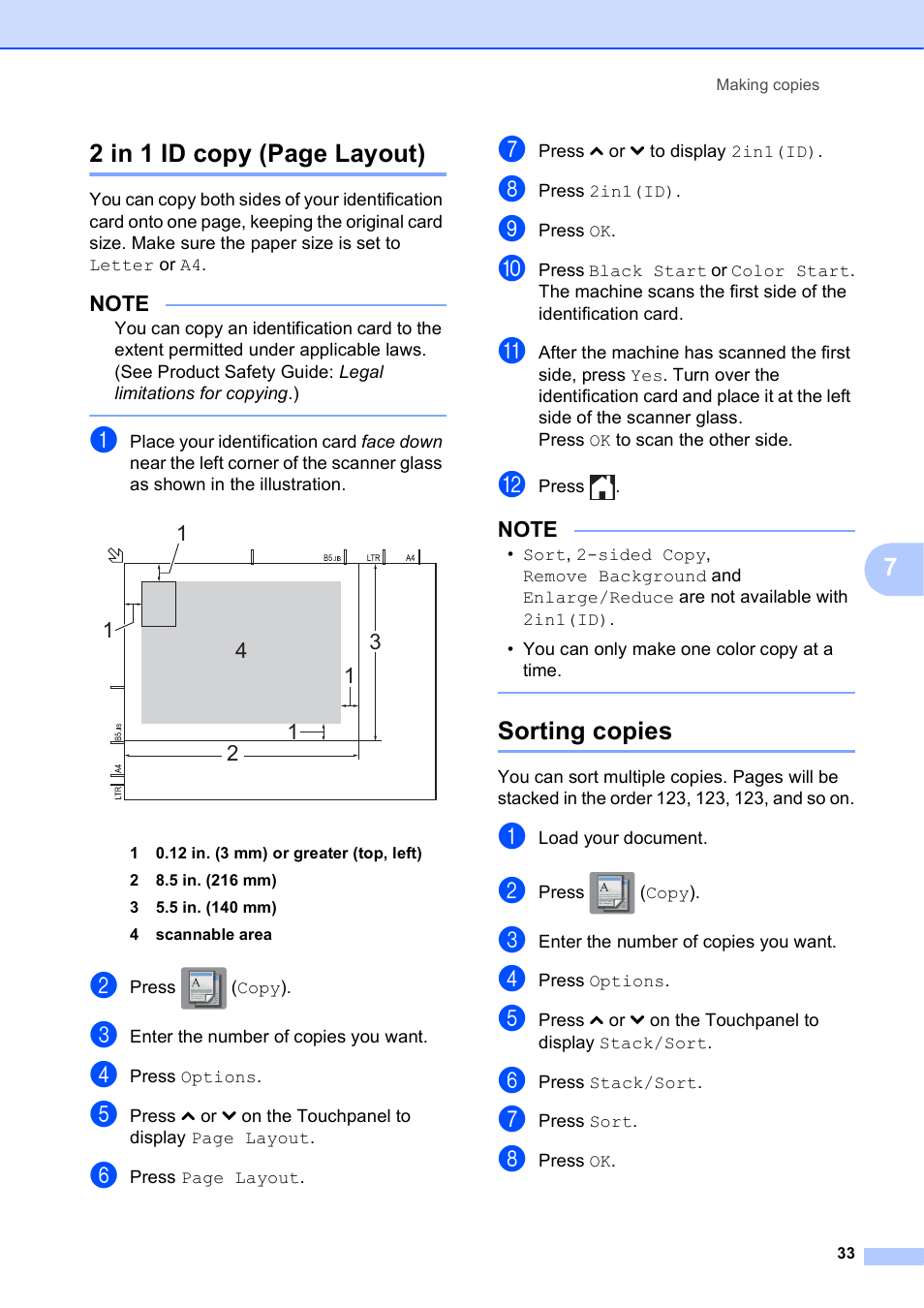 Sorting copies, 72 in 1 id copy (page layout) | Brother MFC-J285DW User Manual | Page 37 / 54