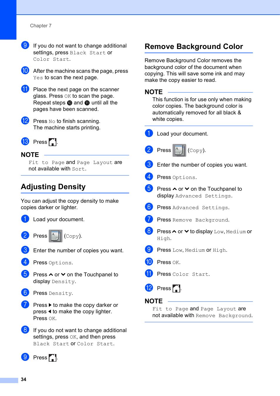 Adjusting density, Remove background color, Adjusting density remove background color | Brother MFC-J285DW User Manual | Page 38 / 54