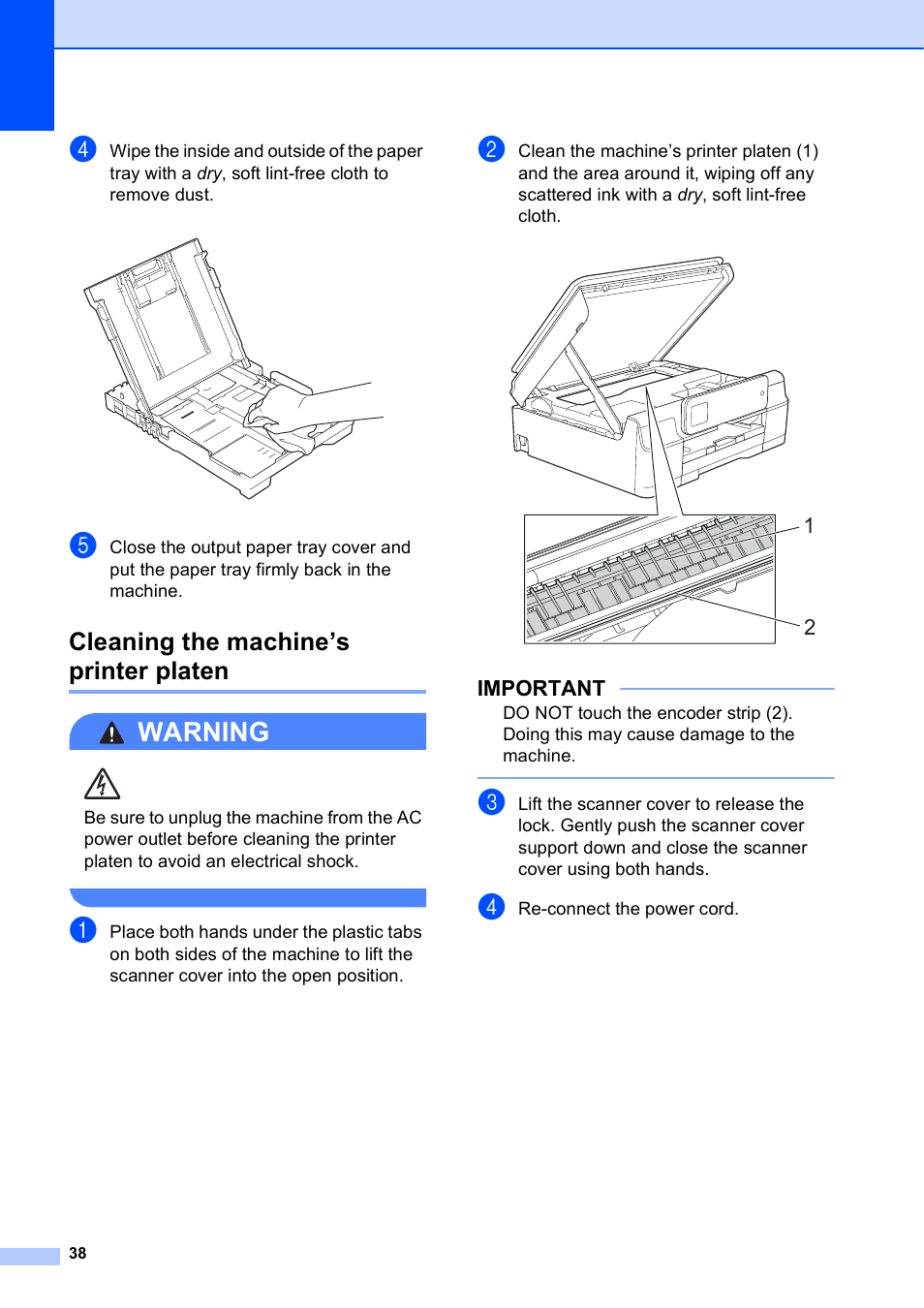 Cleaning the machine’s printer platen, Warning, Important | Brother MFC-J285DW User Manual | Page 42 / 54