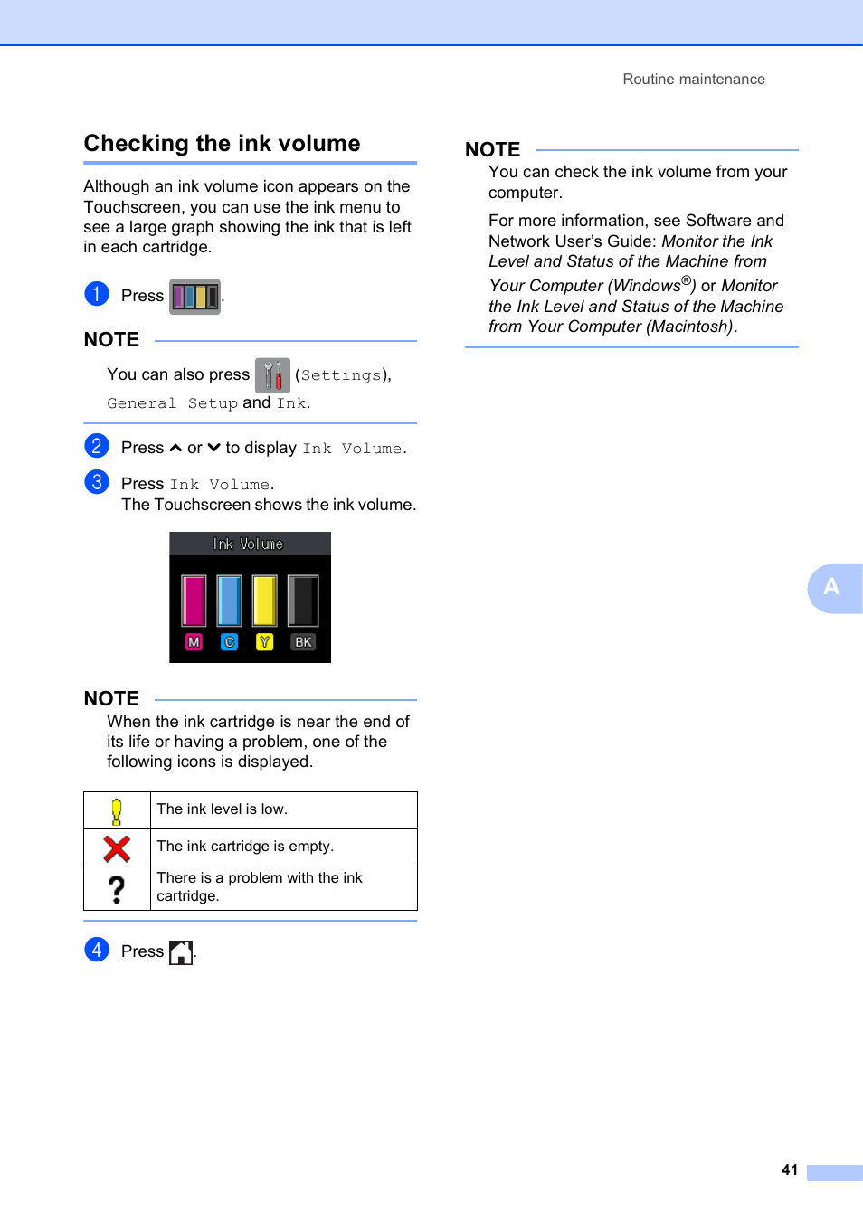 Checking the ink volume, Achecking the ink volume | Brother MFC-J285DW User Manual | Page 45 / 54