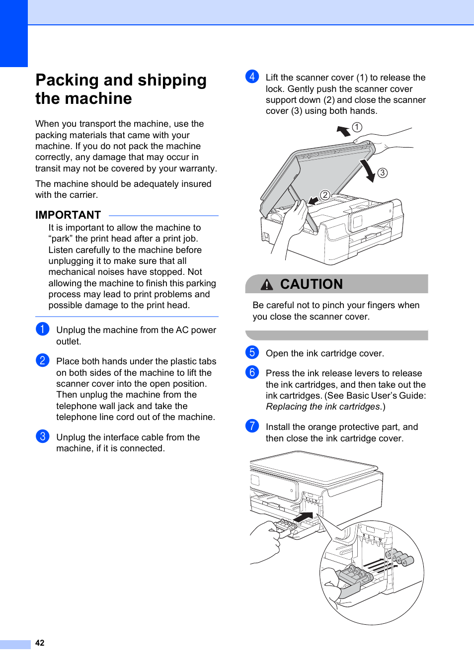 Packing and shipping the machine, Caution | Brother MFC-J285DW User Manual | Page 46 / 54