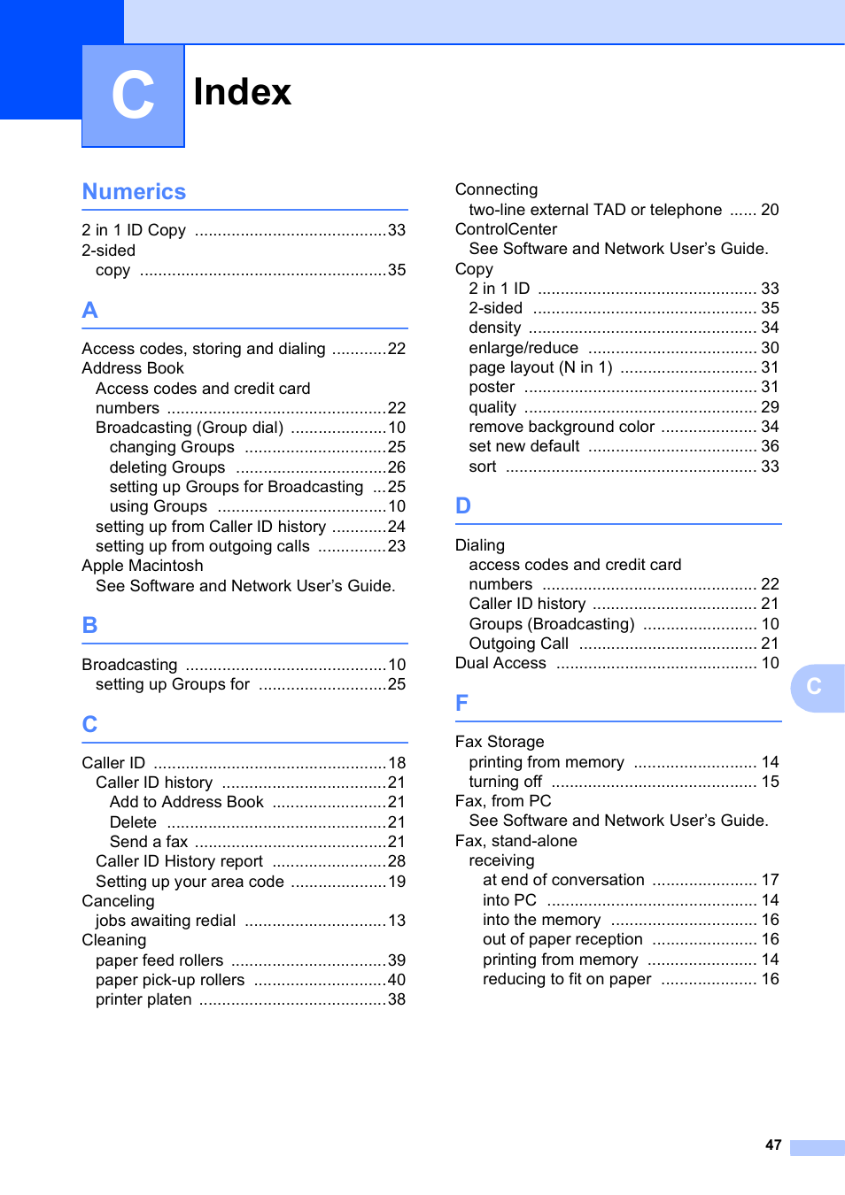 Index, Cnumerics | Brother MFC-J285DW User Manual | Page 51 / 54