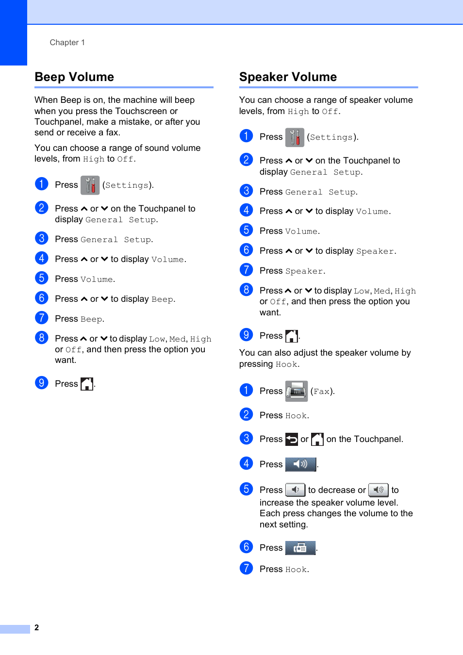 Beep volume, Speaker volume, Beep volume speaker volume | Brother MFC-J285DW User Manual | Page 6 / 54