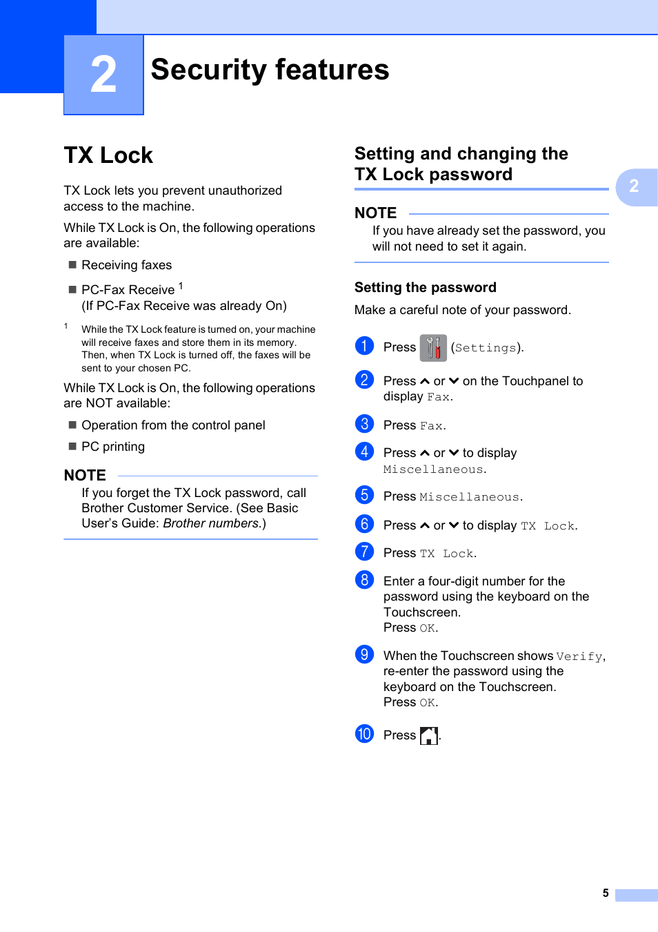 2 security features, Tx lock, Setting and changing the tx lock password | Setting the password, Security features | Brother MFC-J285DW User Manual | Page 9 / 54