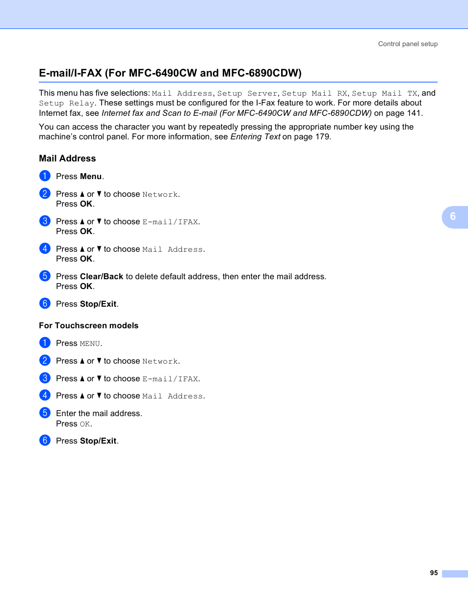 E-mail/i-fax (for mfc-6490cw and mfc-6890cdw), Mail address | Brother MFC-5890CN User Manual | Page 105 / 199