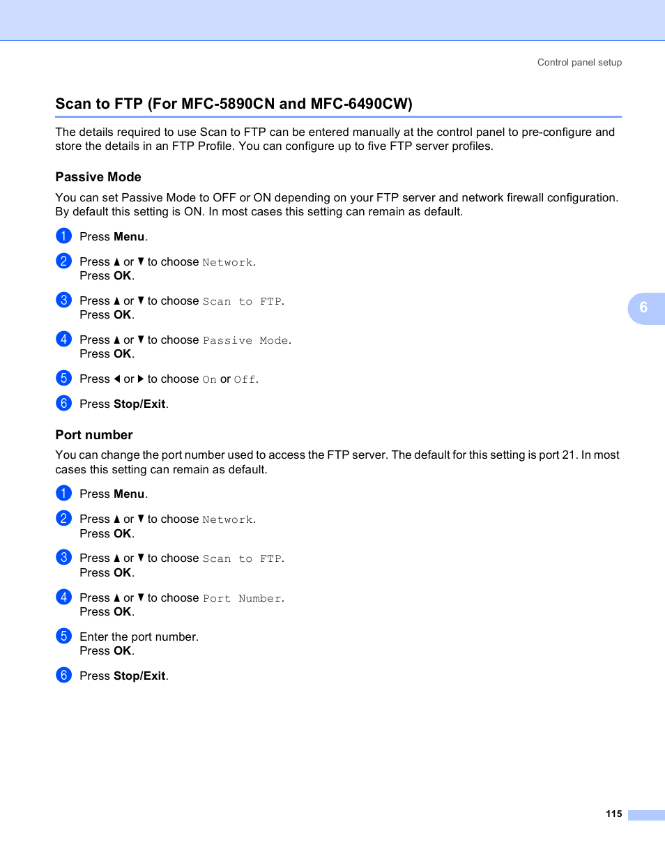 Scan to ftp (for mfc-5890cn and mfc-6490cw), Passive mode, Port number | Brother MFC-5890CN User Manual | Page 125 / 199