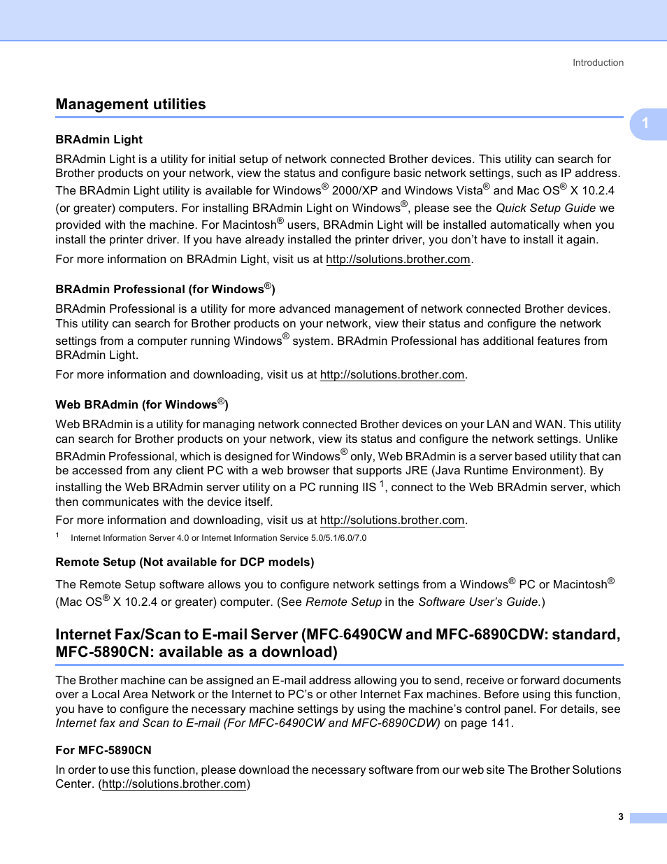 Management utilities, 1management utilities, Internet fax/scan to e-mail server (mfc | Brother MFC-5890CN User Manual | Page 13 / 199