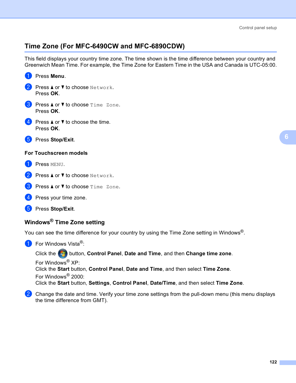 Time zone (for mfc-6490cw and mfc-6890cdw), Windows® time zone setting | Brother MFC-5890CN User Manual | Page 132 / 199