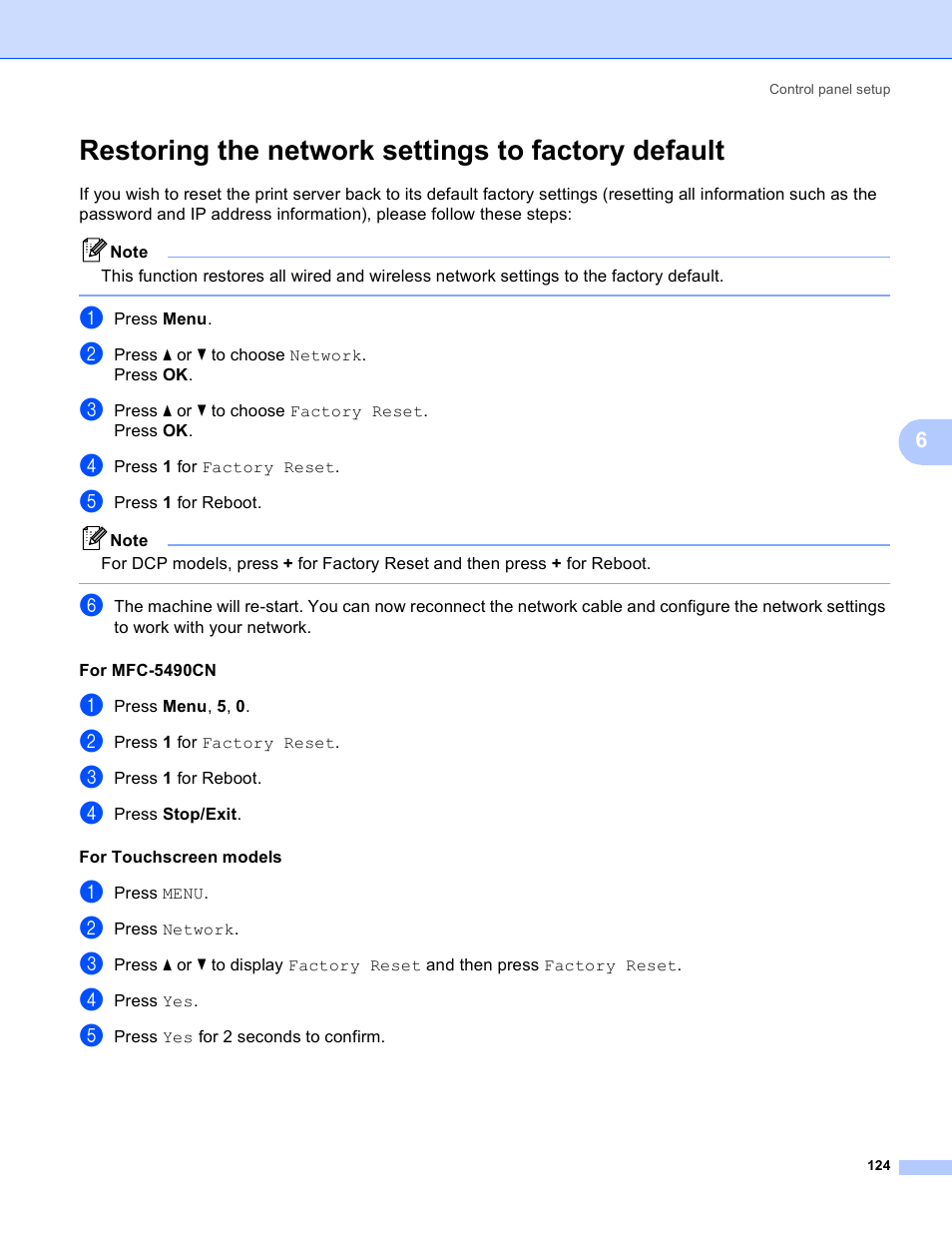 Restoring the network settings to factory default | Brother MFC-5890CN User Manual | Page 134 / 199