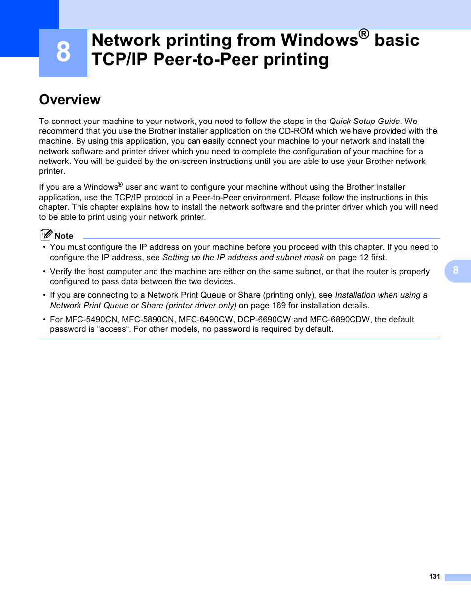 Overview, Network printing from windows, Basic tcp/ip peer-to-peer printing | N network printing from windows | Brother MFC-5890CN User Manual | Page 141 / 199