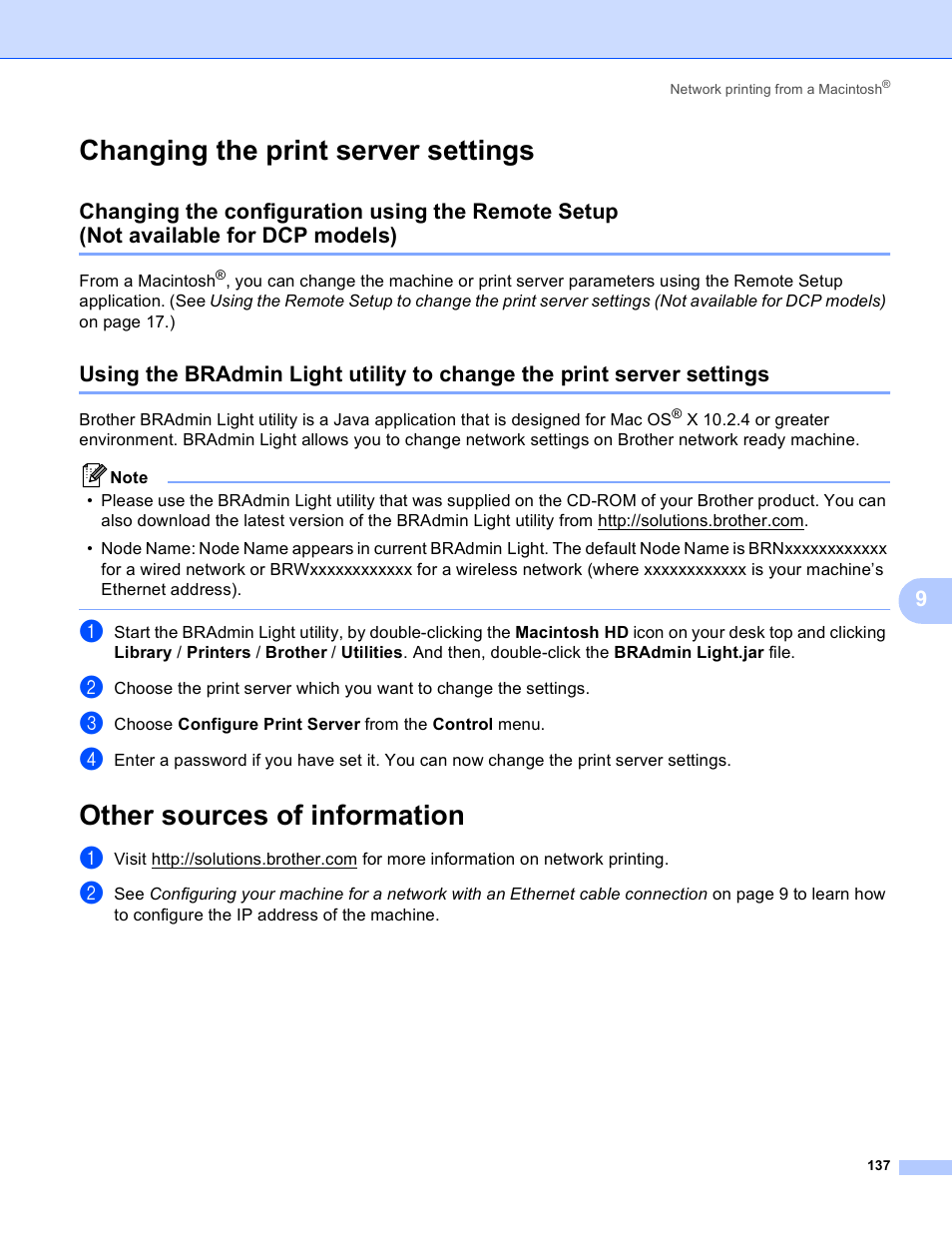 Changing the print server settings, Other sources of information | Brother MFC-5890CN User Manual | Page 147 / 199