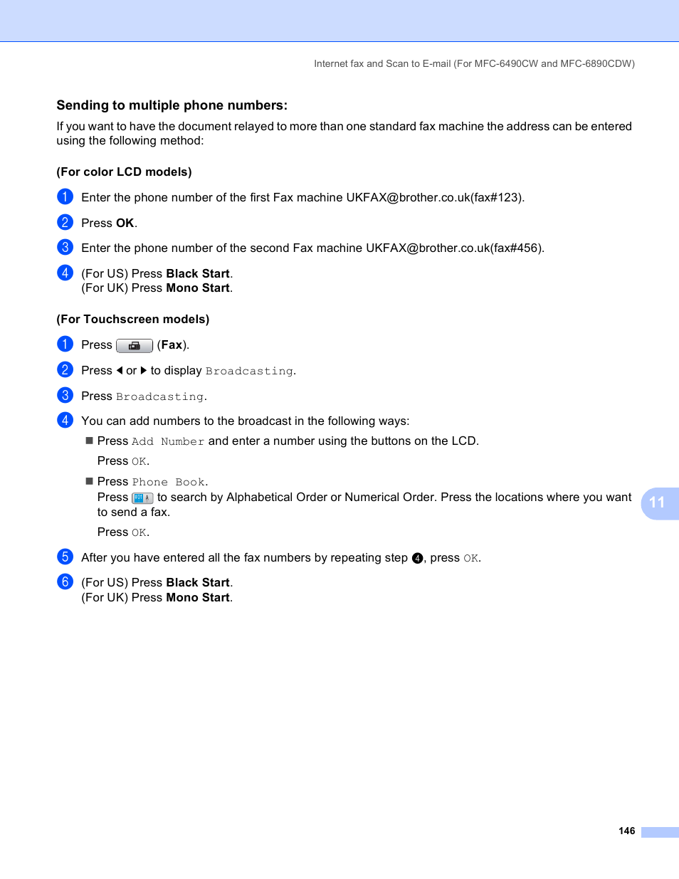 Sending to multiple phone numbers | Brother MFC-5890CN User Manual | Page 156 / 199