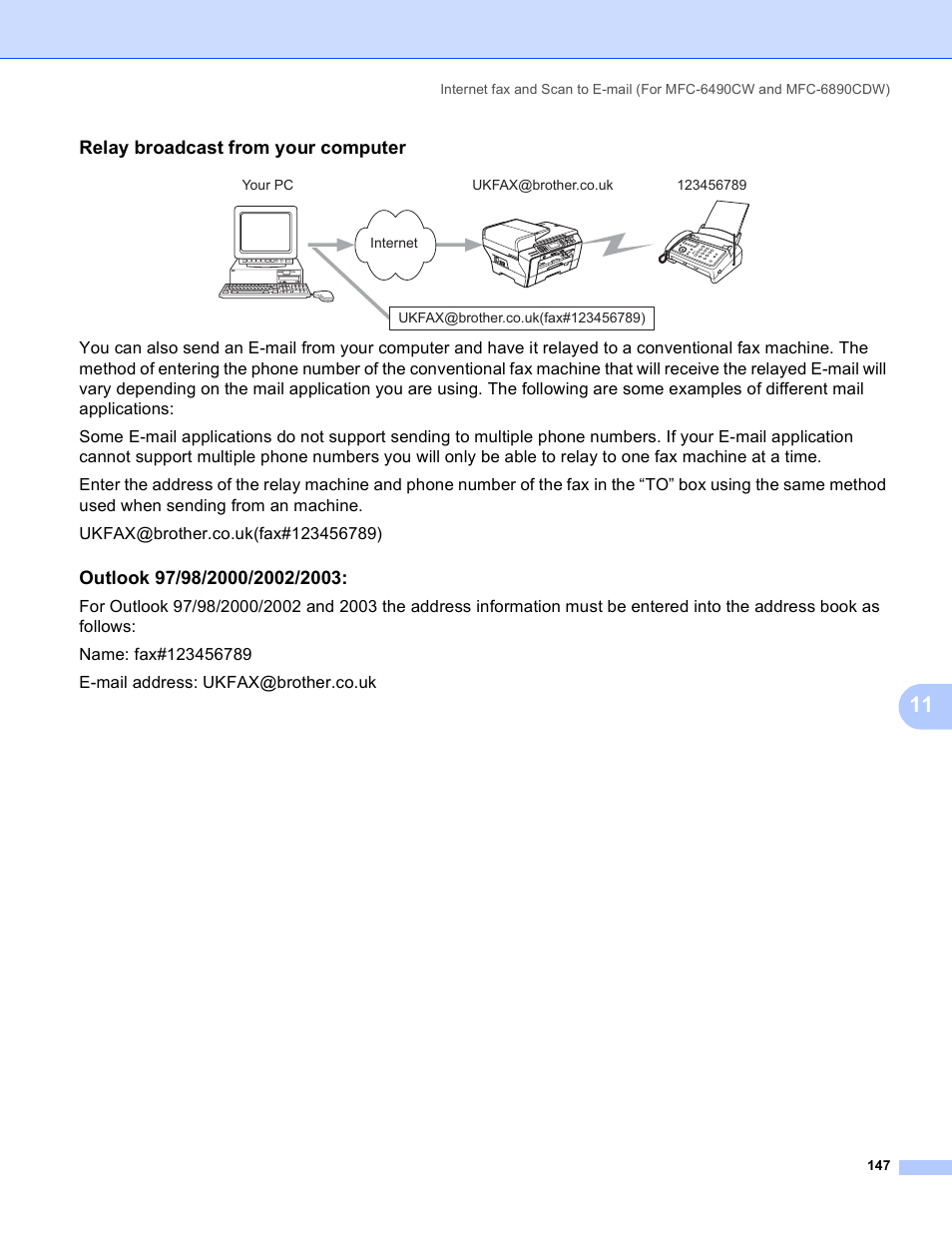 Relay broadcast from your computer, Outlook 97/98/2000/2002/2003 | Brother MFC-5890CN User Manual | Page 157 / 199