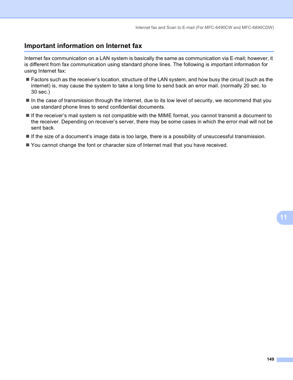 Important information on internet fax, 11 important information on internet fax | Brother MFC-5890CN User Manual | Page 159 / 199