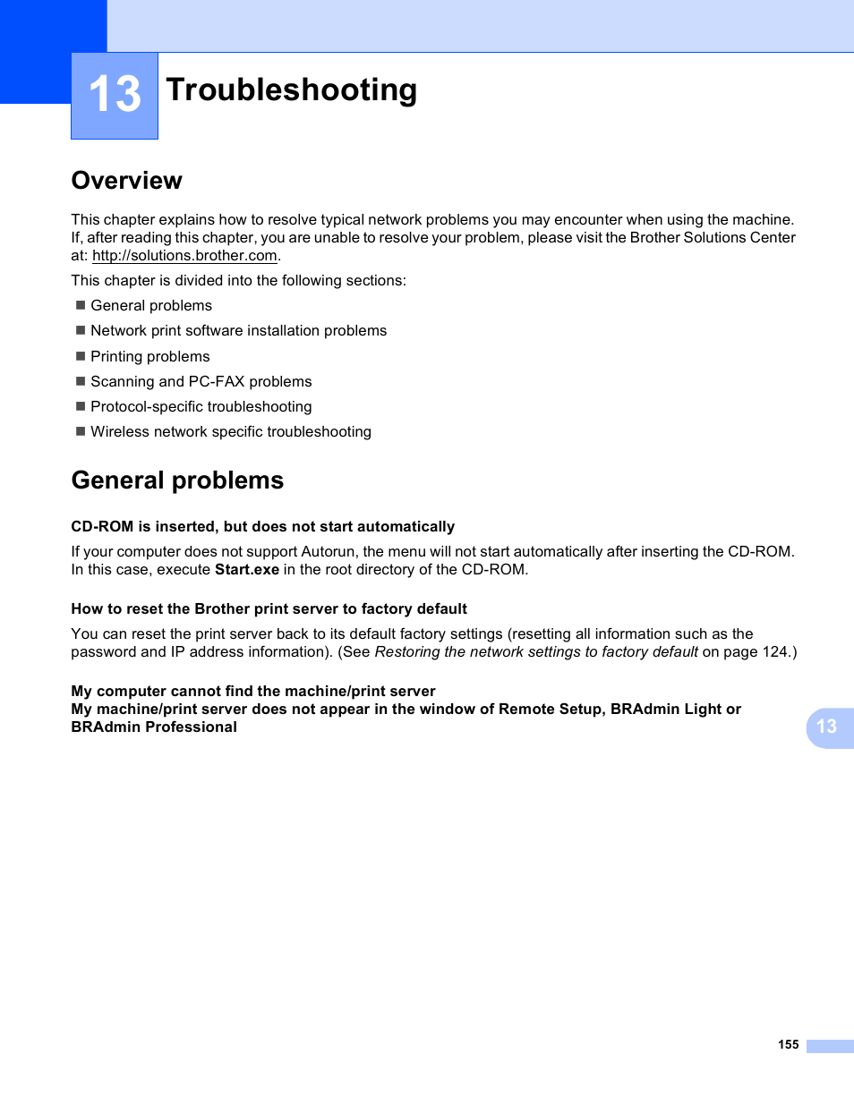 13 troubleshooting, Overview, General problems | Troubleshooting, Overview general problems | Brother MFC-5890CN User Manual | Page 165 / 199