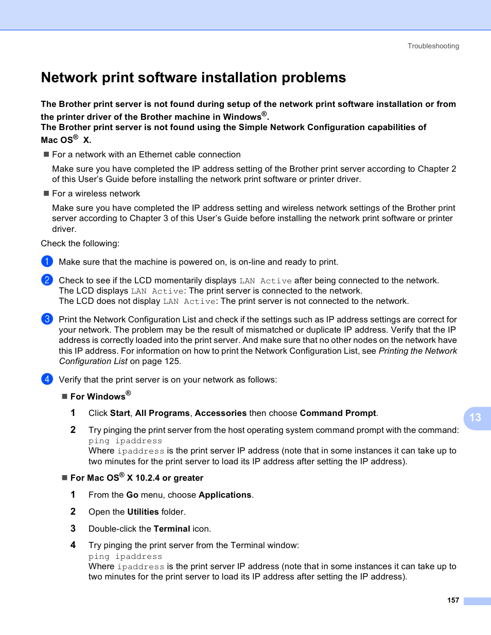 Network print software installation problems | Brother MFC-5890CN User Manual | Page 167 / 199