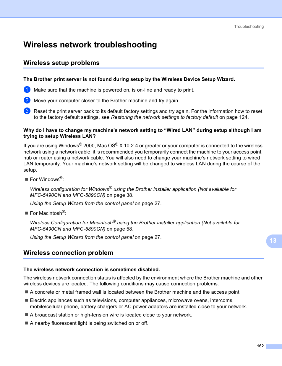 Wireless network troubleshooting, Wireless setup problems, Wireless connection problem | Wireless | Brother MFC-5890CN User Manual | Page 172 / 199