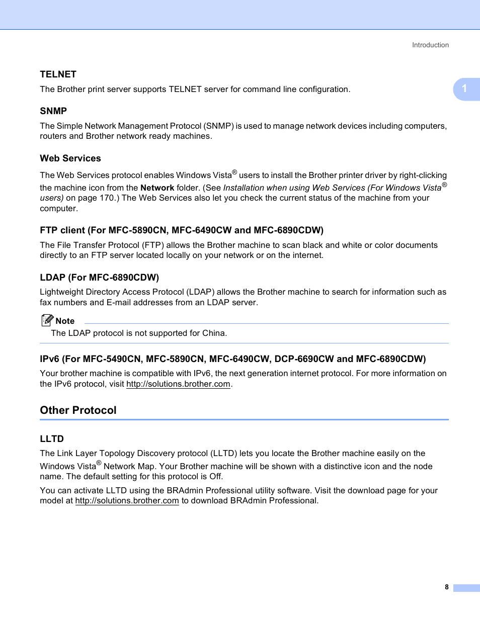 Telnet, Snmp, Web services | Ldap (for mfc-6890cdw), Other protocol, Lltd | Brother MFC-5890CN User Manual | Page 18 / 199