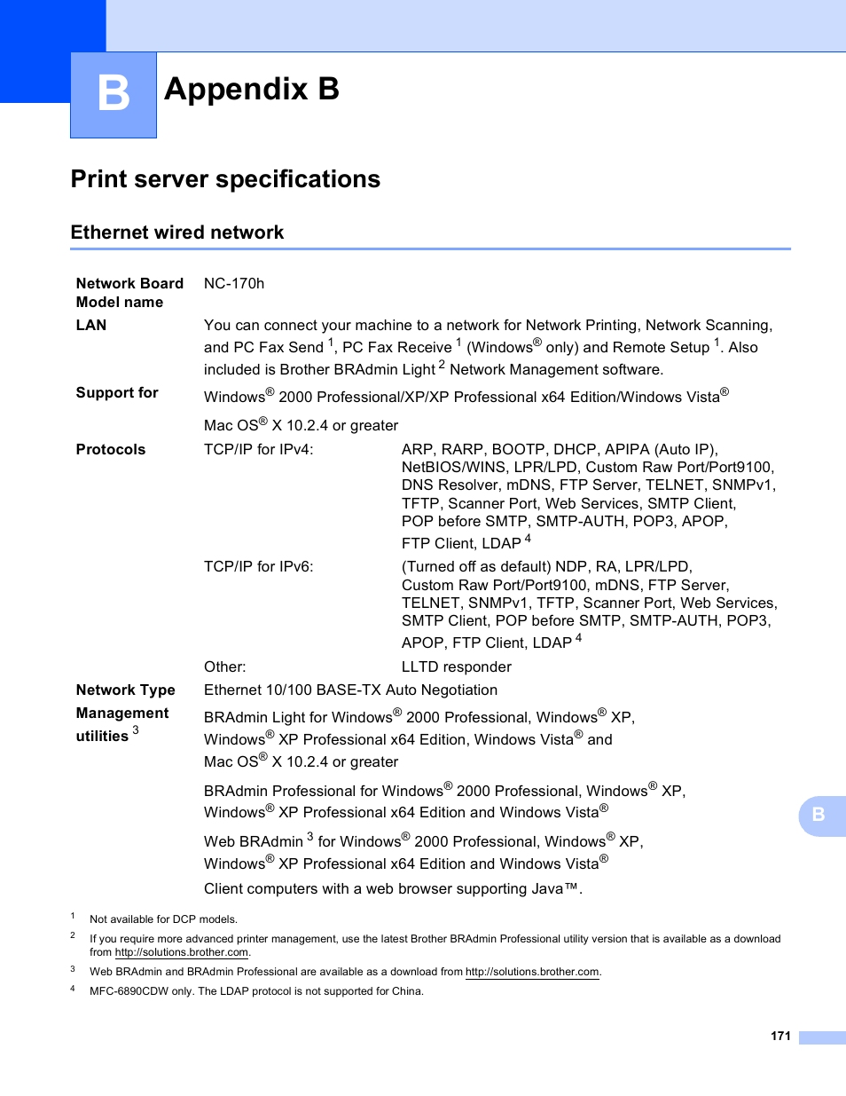 Appendix b, Print server specifications, Ethernet wired network | Brother MFC-5890CN User Manual | Page 181 / 199