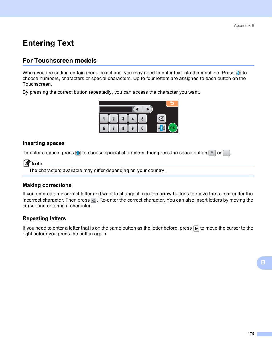 Entering text, For touchscreen models, Inserting spaces | Making corrections, Repeating letters | Brother MFC-5890CN User Manual | Page 189 / 199