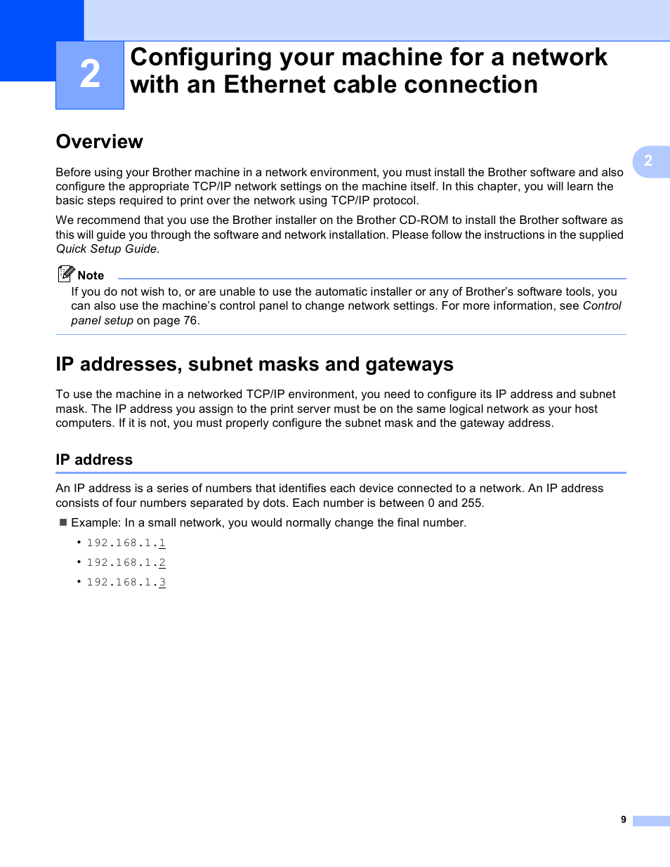 Overview, Ip addresses, subnet masks and gateways, Ip address | Overview ip addresses, subnet masks and gateways | Brother MFC-5890CN User Manual | Page 19 / 199