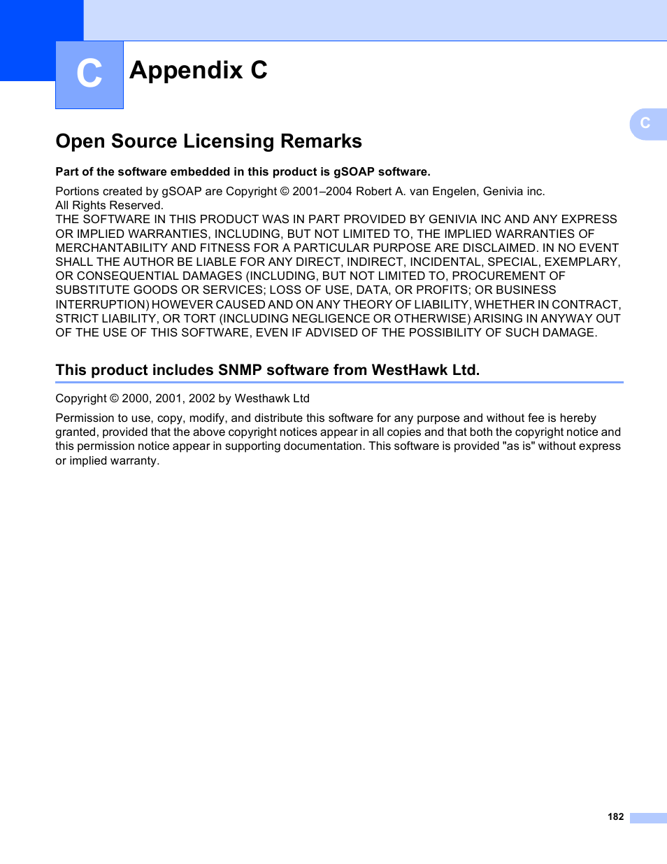 Appendix c, Open source licensing remarks | Brother MFC-5890CN User Manual | Page 192 / 199