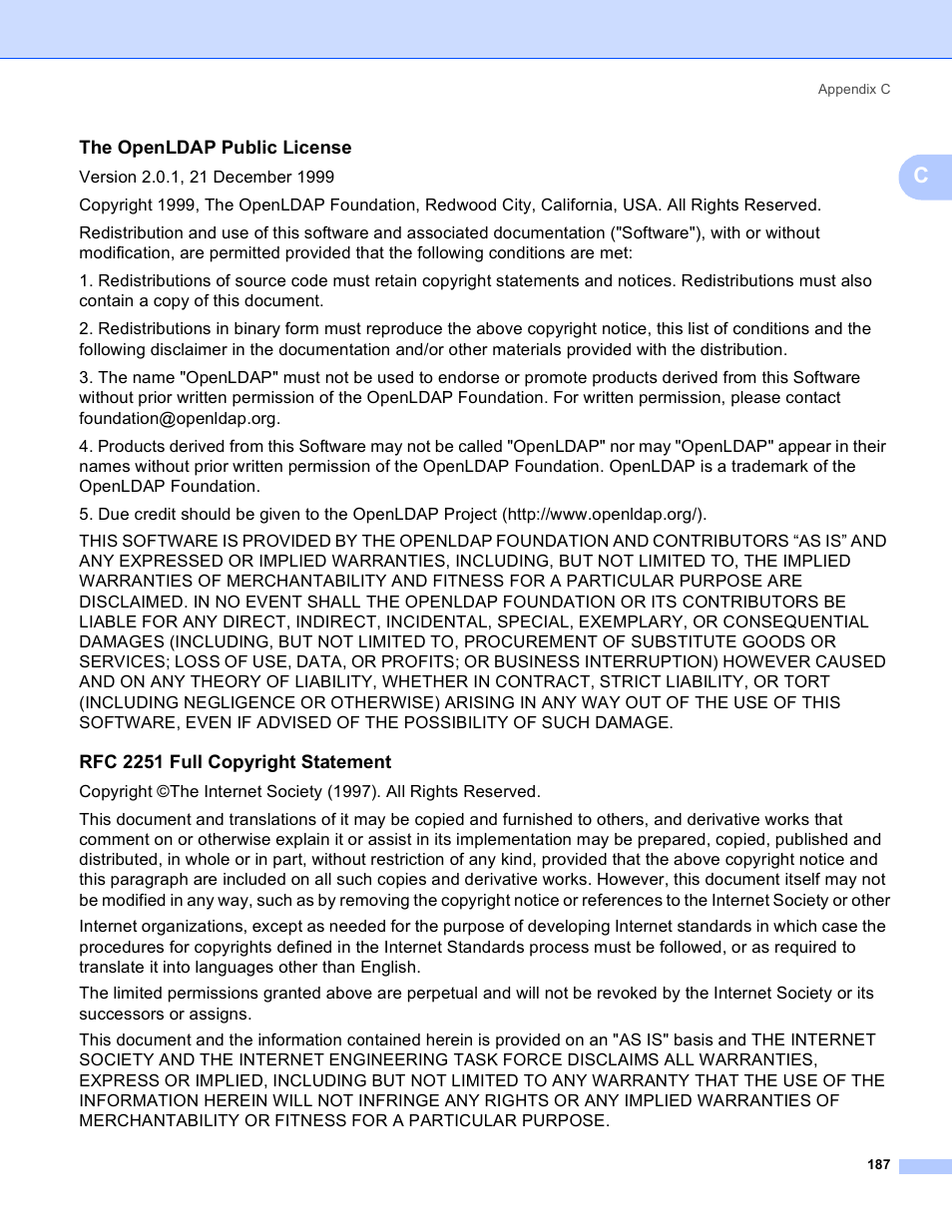 The openldap public license, Rfc 2251 full copyright statement | Brother MFC-5890CN User Manual | Page 197 / 199