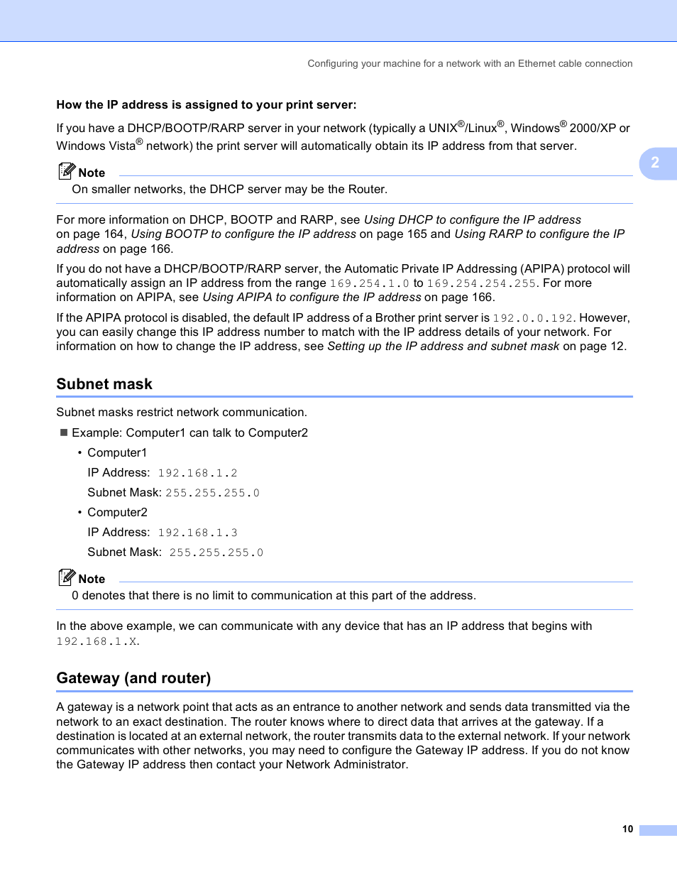 Subnet mask, Gateway (and router), Subnet mask gateway (and router) | Brother MFC-5890CN User Manual | Page 20 / 199