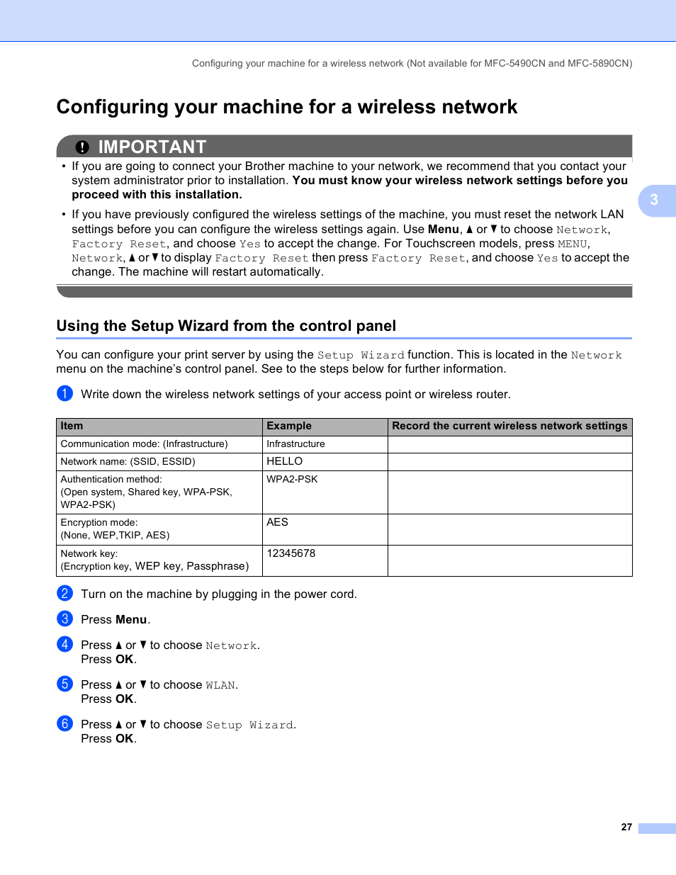 Configuring your machine for a wireless network, Using the setup wizard from the control panel, Important | Brother MFC-5890CN User Manual | Page 37 / 199