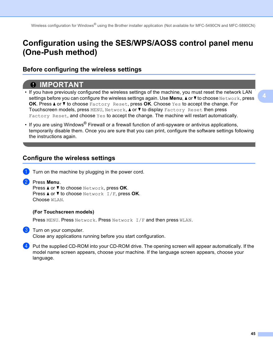 Before configuring the wireless settings, Configure the wireless settings, Important | Brother MFC-5890CN User Manual | Page 55 / 199