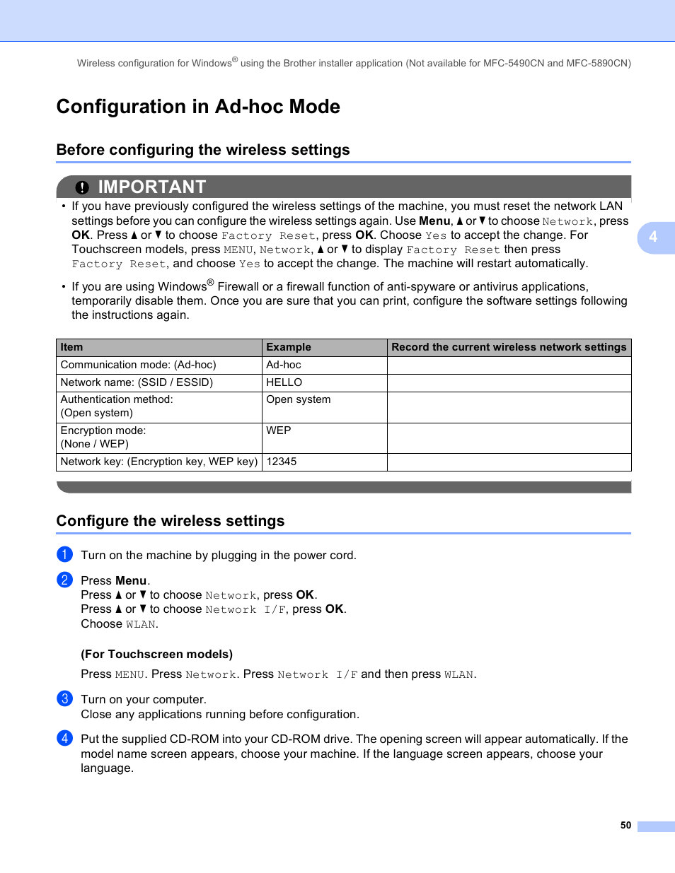 Configuration in ad-hoc mode, Before configuring the wireless settings, Configure the wireless settings | Important | Brother MFC-5890CN User Manual | Page 60 / 199