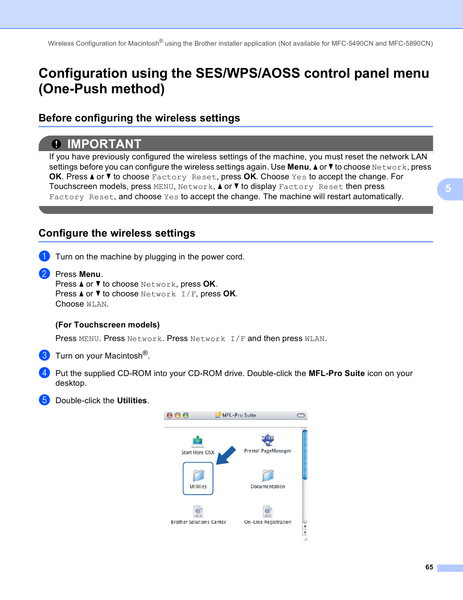 Before configuring the wireless settings, Configure the wireless settings, Important | Brother MFC-5890CN User Manual | Page 75 / 199