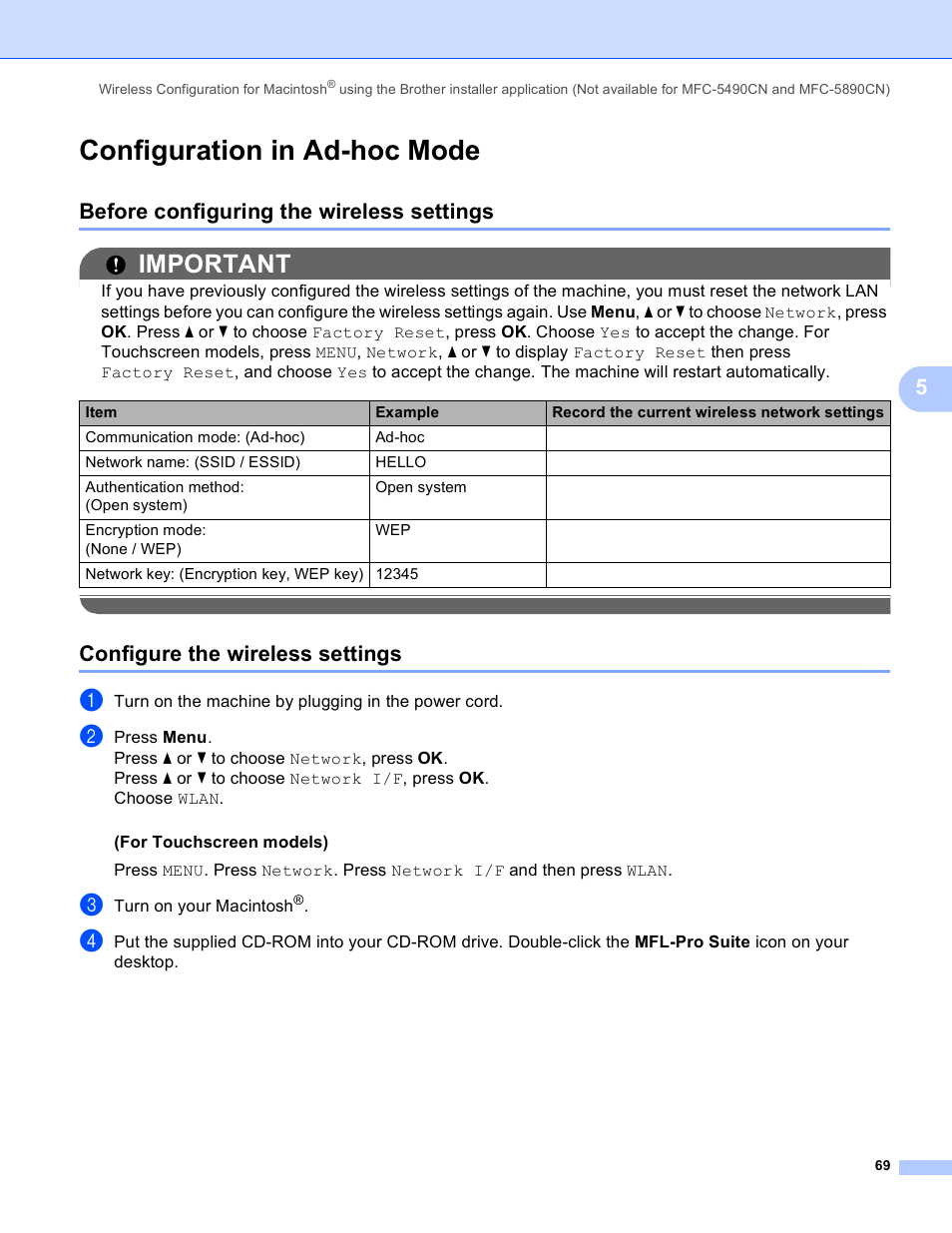Configuration in ad-hoc mode, Before configuring the wireless settings, Configure the wireless settings | Important | Brother MFC-5890CN User Manual | Page 79 / 199