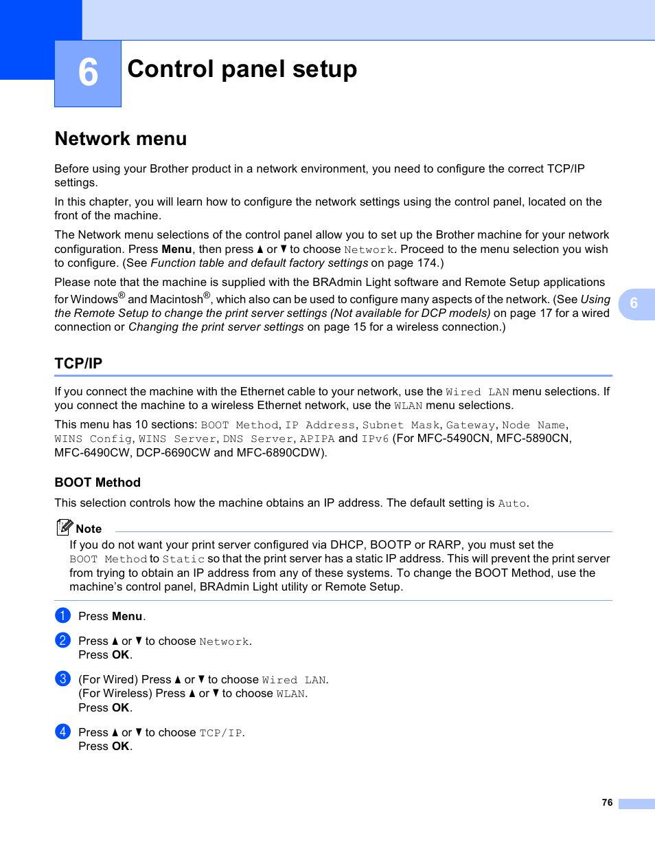 6 control panel setup, Network menu, Tcp/ip | Boot method, Control panel setup, Control | Brother MFC-5890CN User Manual | Page 86 / 199