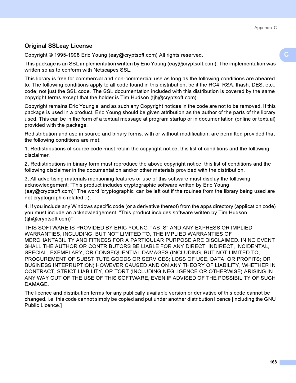 Original ssleay license | Brother HL-4040CDN User Manual | Page 175 / 177