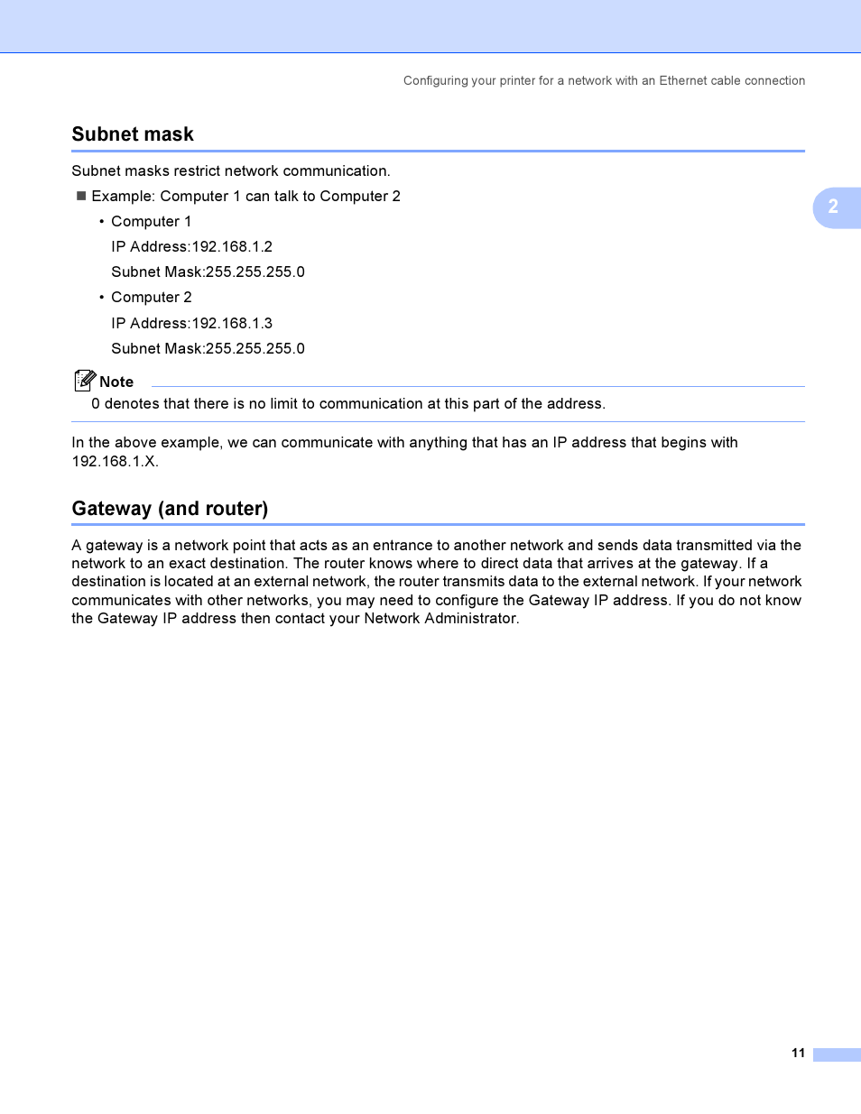 Subnet mask, Gateway (and router), Subnet mask gateway (and router) | 2subnet mask | Brother HL-4040CDN User Manual | Page 18 / 177