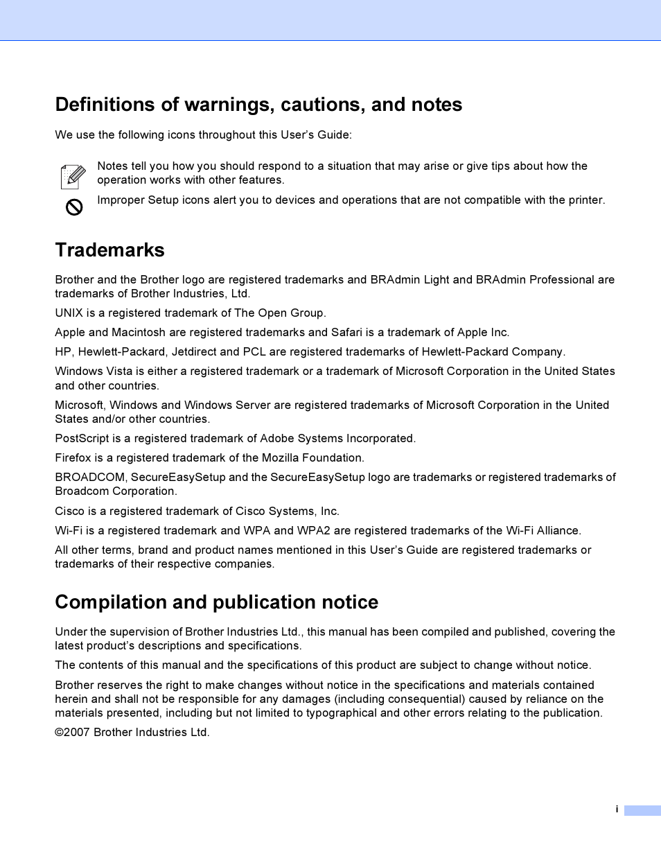 Definitions of warnings, cautions, and notes, Trademarks, Compilation and publication notice | Brother HL-4040CDN User Manual | Page 2 / 177