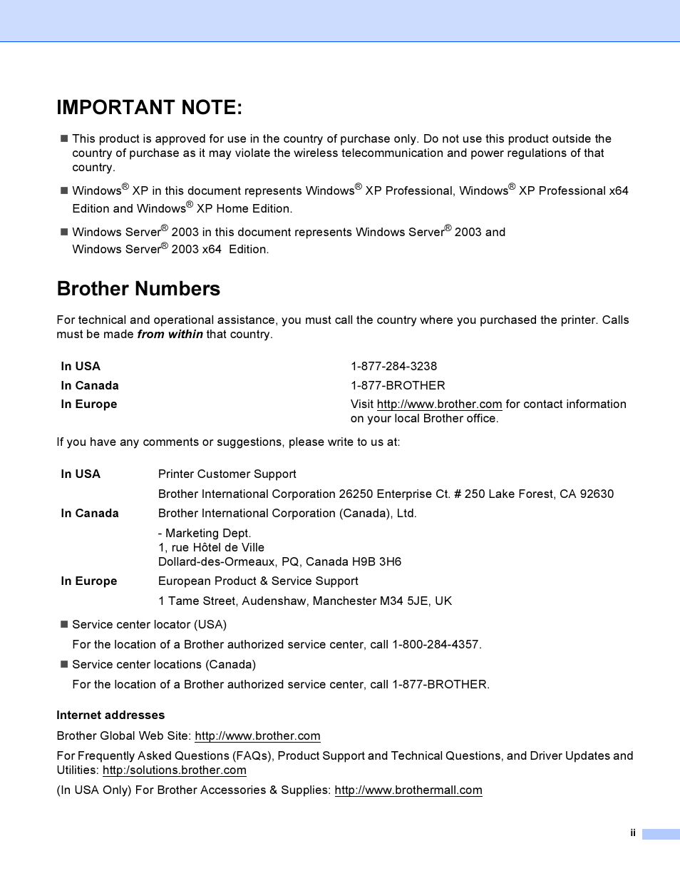 Important note, Brother numbers | Brother HL-4040CDN User Manual | Page 3 / 177