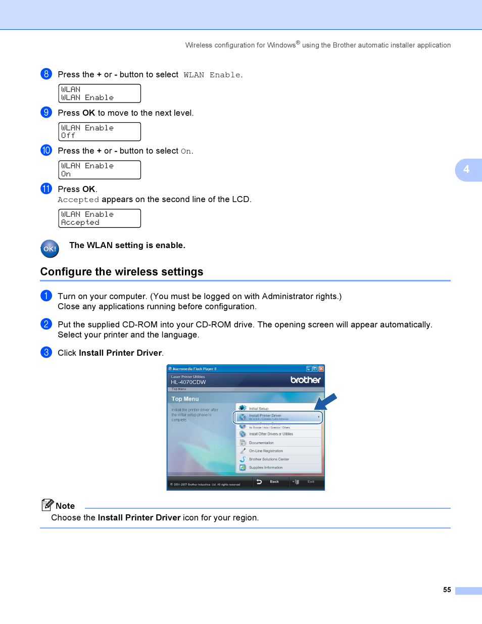 Configure the wireless settings | Brother HL-4040CDN User Manual | Page 62 / 177