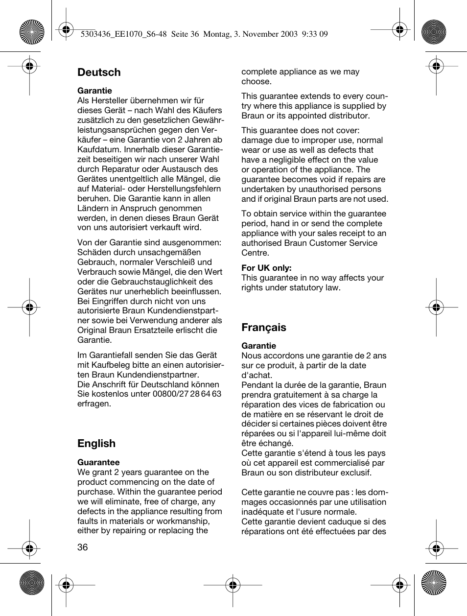 Deutsch, English, Français | Braun EE1070 Silk-épil SuperSoft User Manual | Page 35 / 43