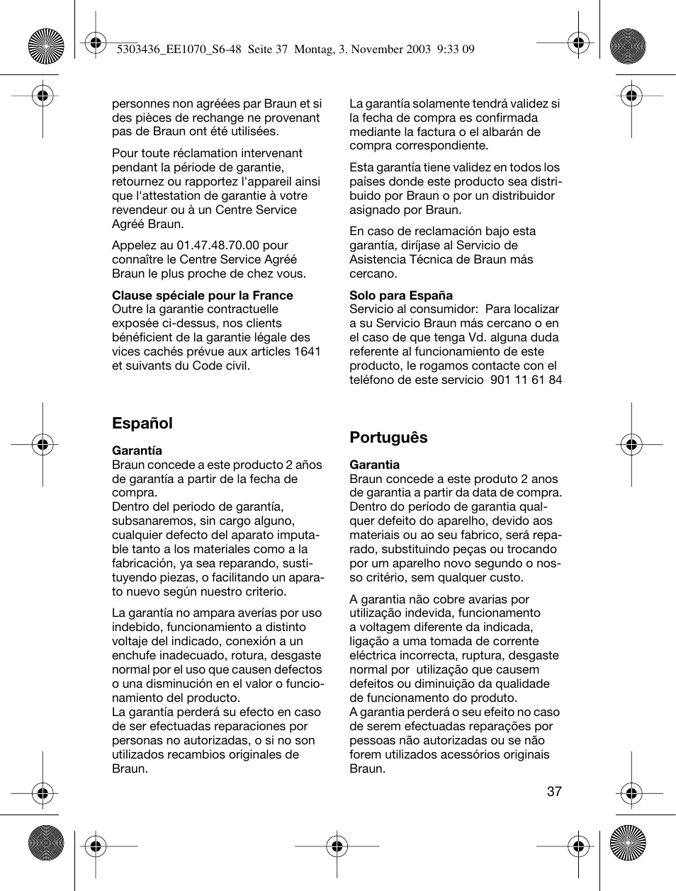 Español, Português | Braun EE1070 Silk-épil SuperSoft User Manual | Page 36 / 43